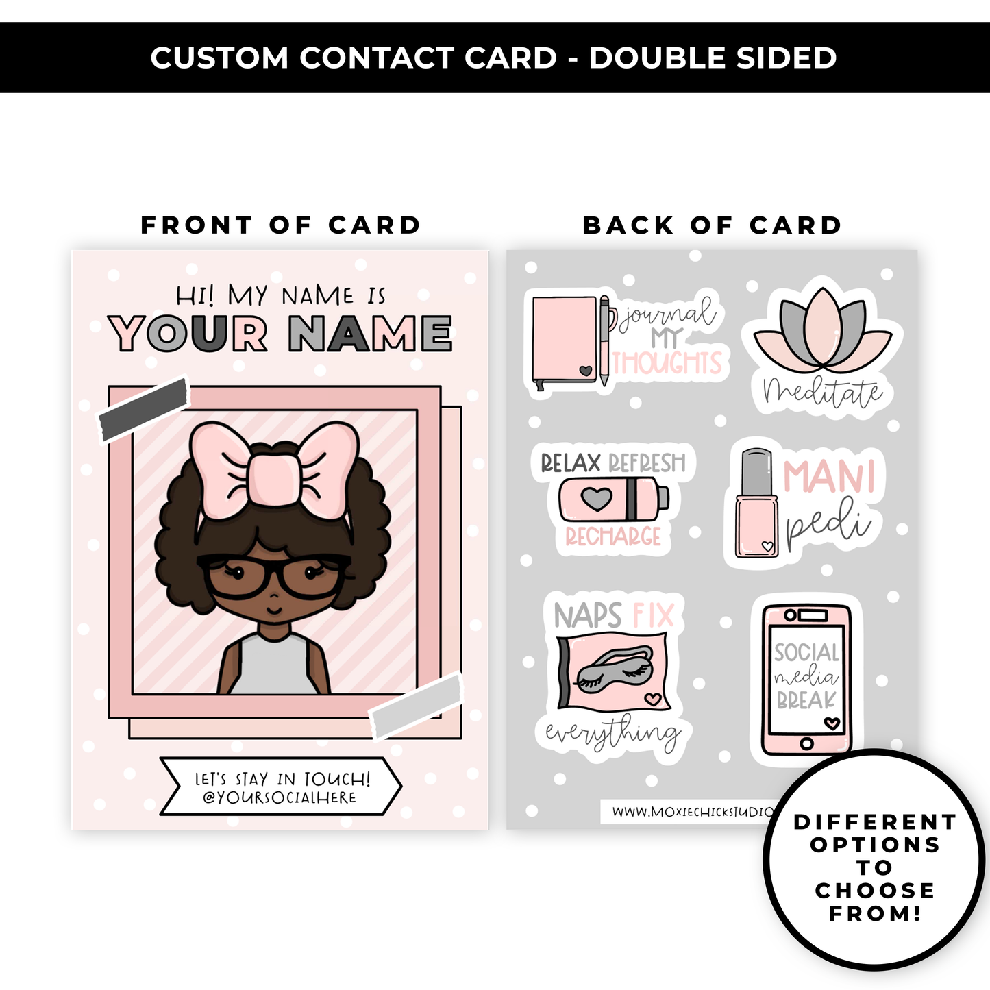 TRADING CARD STYLE CONTACT CARDS - THEME: SELF CARE PINK/GRAY - DOUBLE SIDED - NEW RELEASE