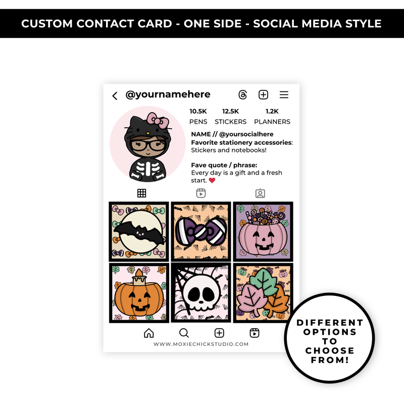 SOCIAL MEDIA STYLE CONTACT CARDS - THEME: HELLOWEEN SKELETON MOXIE DOODLES - NEW RELEASE