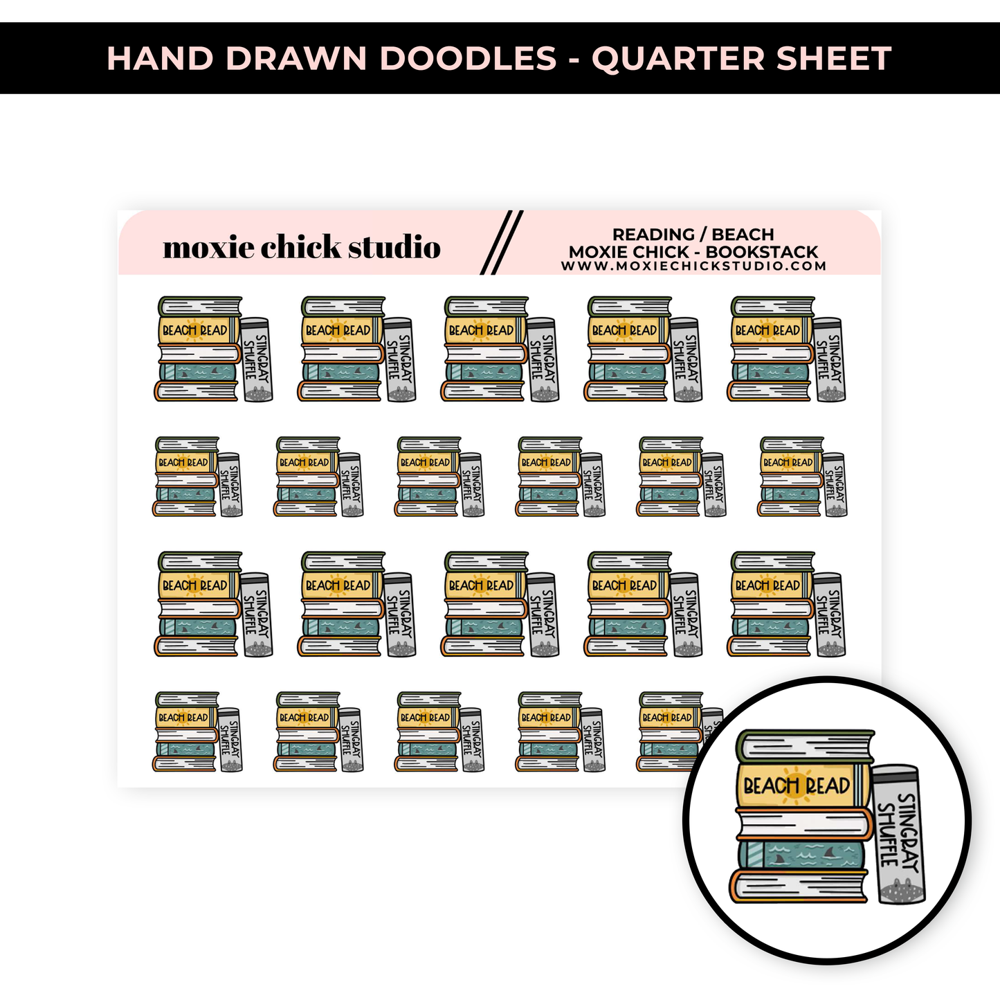 BOOKSTACK BEACH READ (HAND DRAWN) / QUARTER SHEET / NEW RELEASE